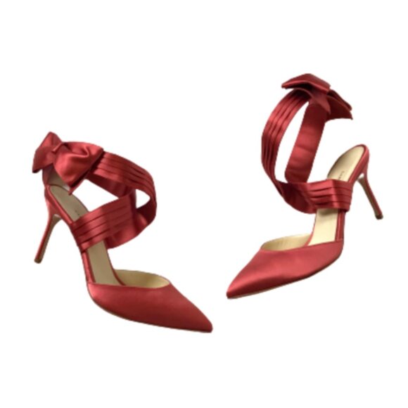 NWOB Sarah Flint Ankle Bow Wrap Heels Womens 37.5 7.5 Salmon Pink Pointed Toe - Picture 2 of 13